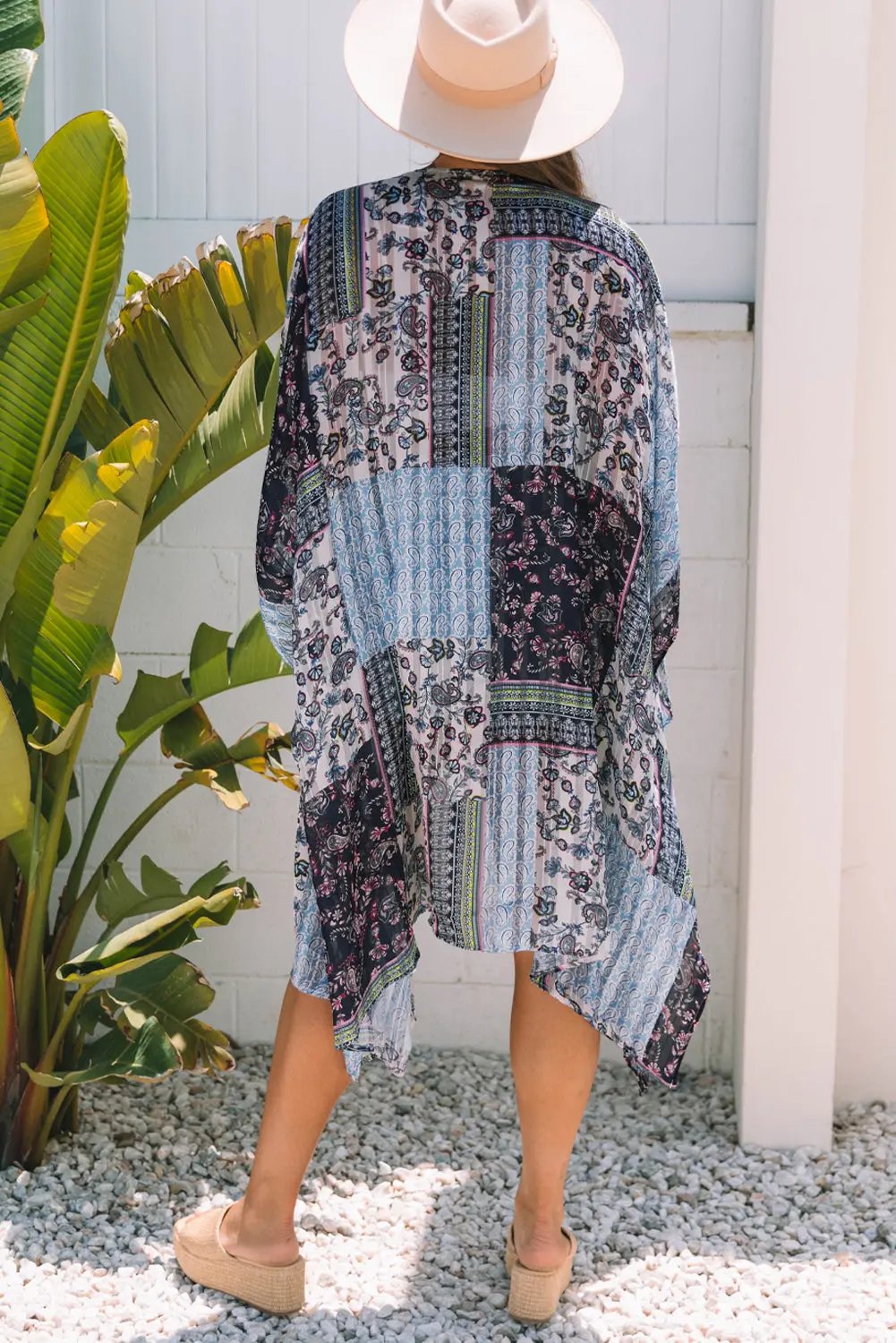 Blue Retro Floral Print Long Loose Open Front Kimono Love Salve